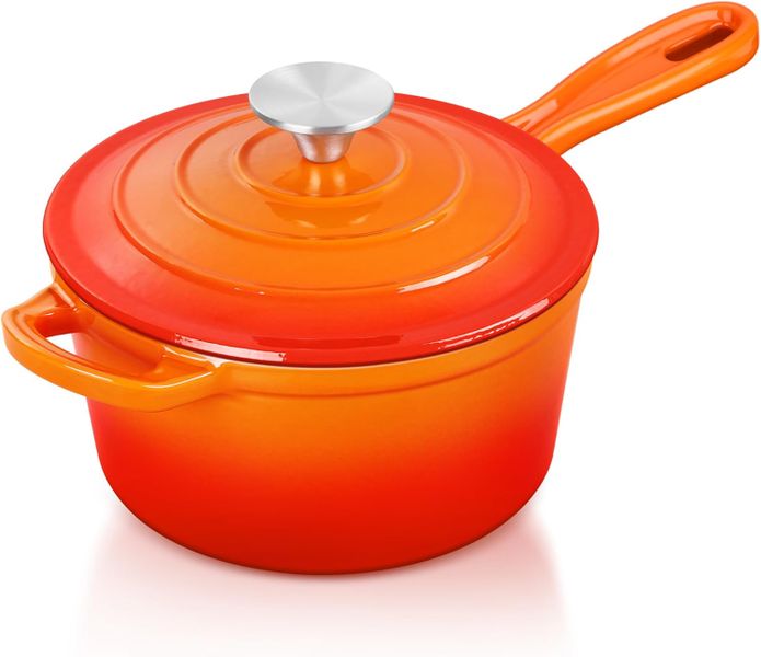 Cast Iron Sauce Pan with Lid 1.7L | Orange | Oven Safe to 250 C