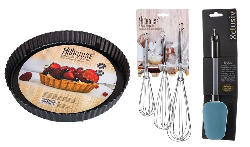 Non Stick Quiche Pan 26x2.5cm + 3pc Whisk 30, 25 &amp; 20cm + Black Canvas Oven Mitt + Silicone Spatula