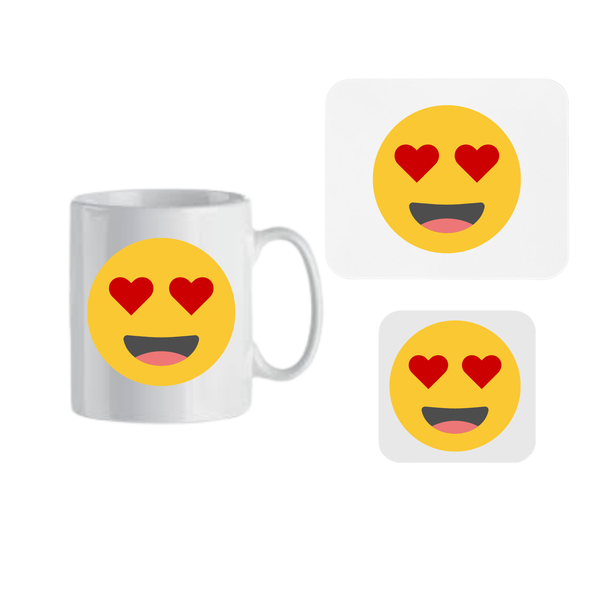 In Love Emoji Mug, Coaster and Mousepad