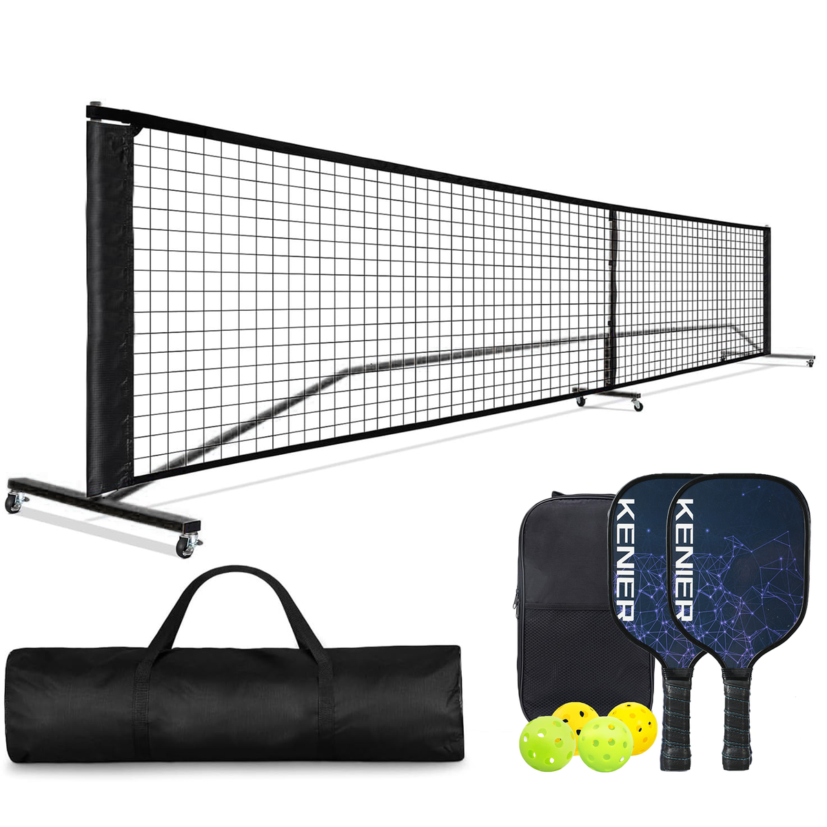 Portable PickleBall Net Kit - w/ Wheels,Carry Bag, Wooden Pickleball Paddle