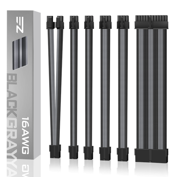 EZDIY-FAB 16 AWG PSU Premium Nylon Sleeved Extension Cable Kit - Black&amp;Grey