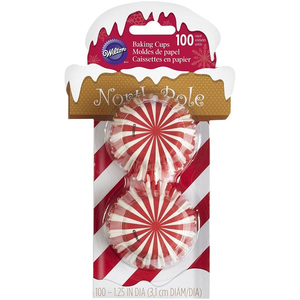 Wilton 100 Mini Red White North Pole Candy Cane Striped Cupcake Baking Cups
