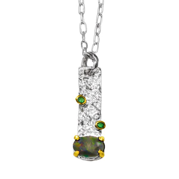Handcrafted Natural Black/Green Opal and Emerald Sterling Silver Necklace