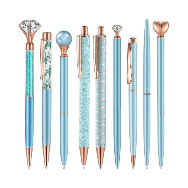 10 Piece - Retractable Ballpoint Pen Set With Vairous Designs - Baby Blue