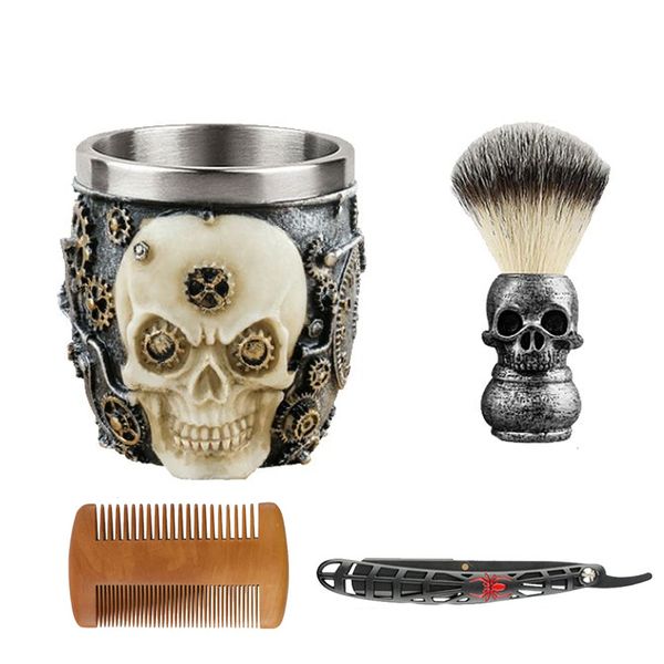 Skull Themed Straight Razor Set 4 Piece Men's Shaving Set
