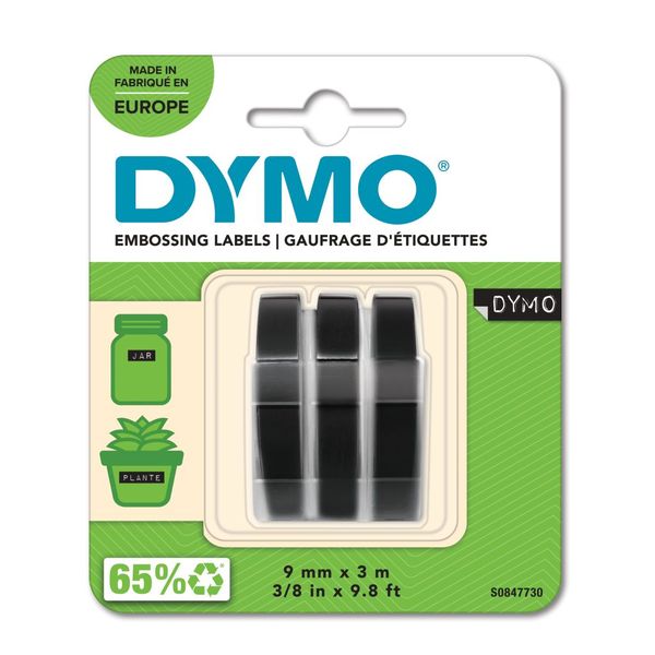 Dymo Omega Embossing 9mm x 3m White on Black Tape Cassette - Pack of 3