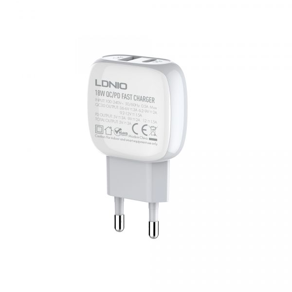 LDNIO A2313C USB-C PD &amp; QC 3.0 USB EU Travel Charger with 1M Type C Cable