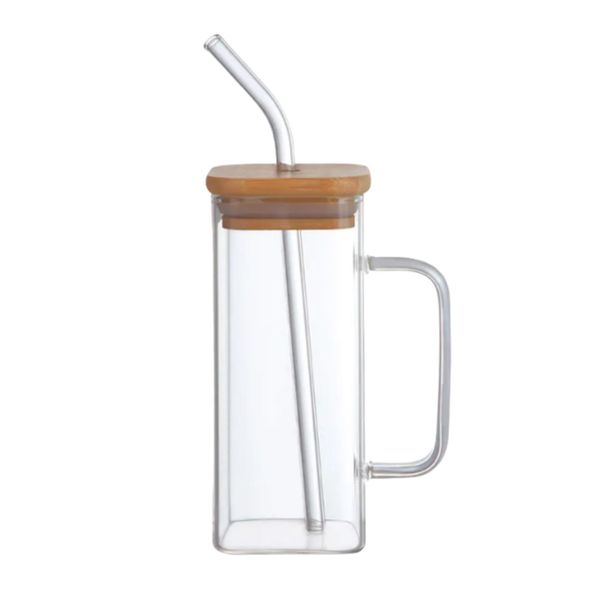 Bamboo Lid Coffee Cup Glass Water Cup With Lids And Straw - 350ml