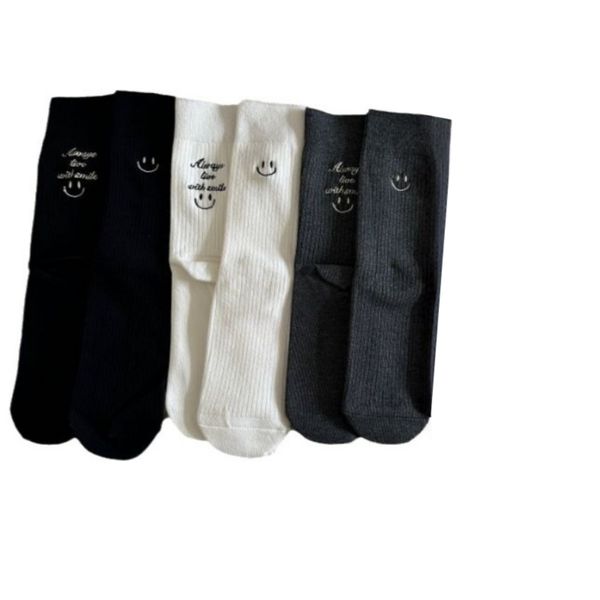 3 Pairs Pack of Embroidered Smiley Ribbed Crew Socks