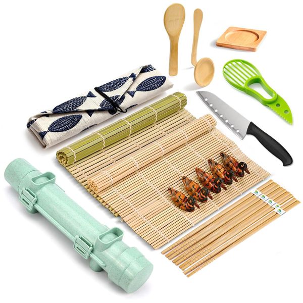 Sushi Making Kit with Bamboo Mats Sauce Dish Chopstick Bazooka Roller Set