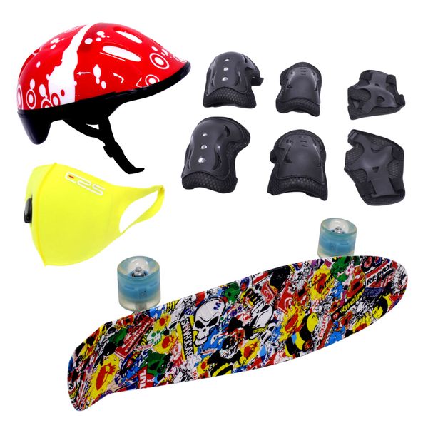 Skateboard 55cm -Flashing Wheels-Protective Gear kit-Helmet-Mask - Graffiti