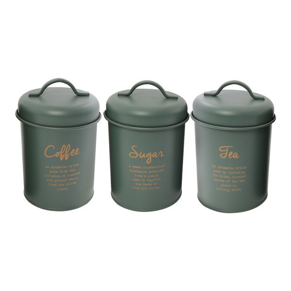 Regent Kitchen Tea, Coffee &amp; Sugar Canisters Green with Gold Printing 3 Pce Set, (100mm Diax160mm)