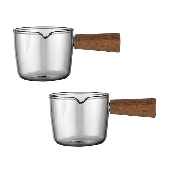 2 Pack Wooden Handle Milk Jug Cup Set - 50ml - Transparent