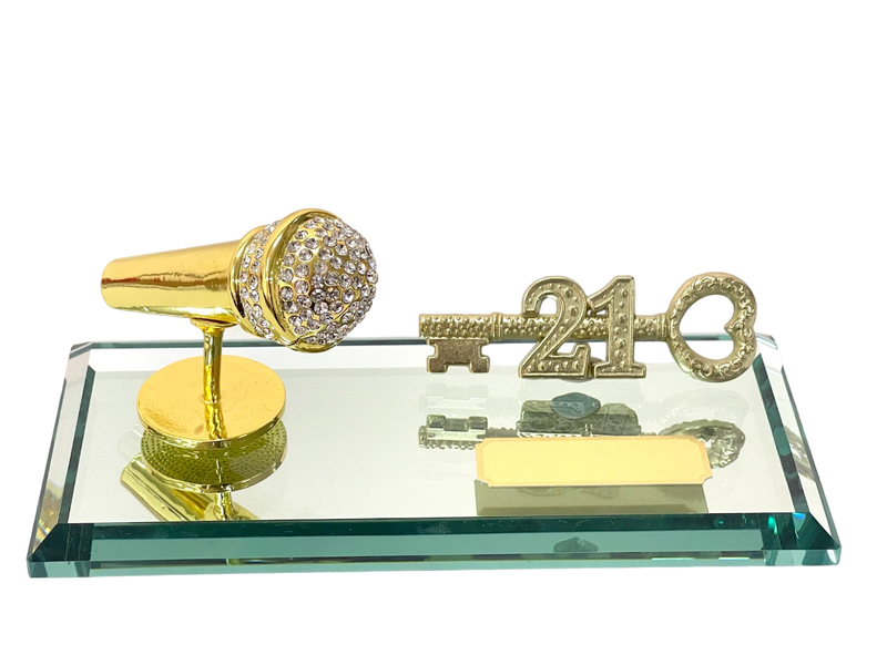 21st Key with Diamante Microphone on Glass Mirror base and Engraving Plate