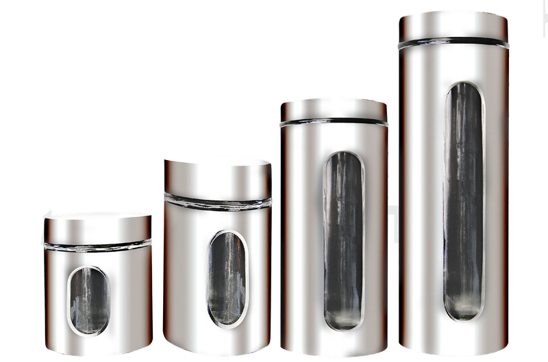 Decadent 4 Piece Glass Canister Set with Steel Finish and Long Bar Windows