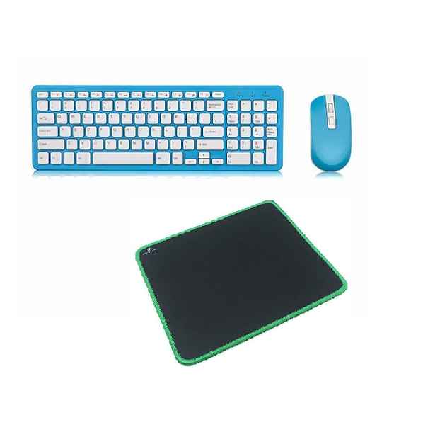 Wireless keyboard mouse set USB reciever inside mouse blue with mouse pad