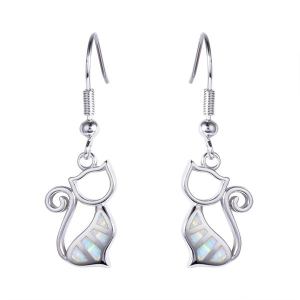 Silver Plated Dangling Cat Earrings with White Faux Fire Opal