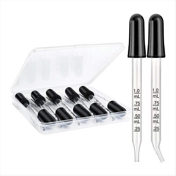 10 Pack Glass Eye Droppers - Curved and Straight Tips, 1 ML Pipette Dropper