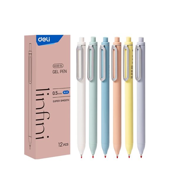 Deli Retractable Gel Pen Bullet Tip:0.5mm Pastel Color Barel Blue Ink 12pcs