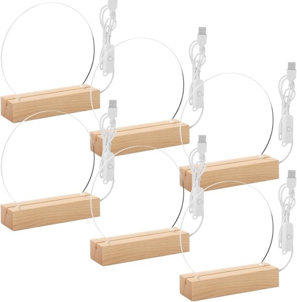 6 Pack Led Wooden Display Bases with USB Cables, Night Lights Acrylic