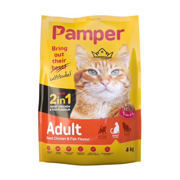 Pamper Adult Dry Cat Food 2 in 1 Roast Chicken &amp; Fish Flavour (1 x 4kg)