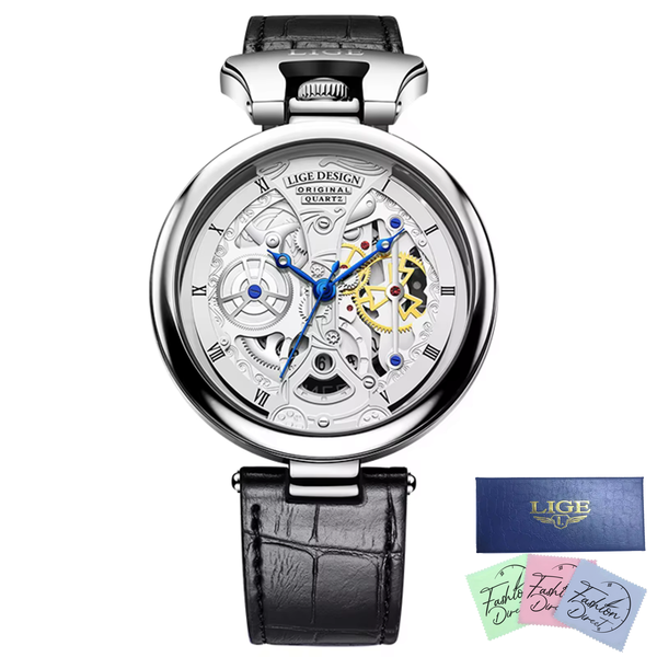 LIGE - Men Luxury Leather Strap Formal Skeleton Analog Quartz Watch Silver