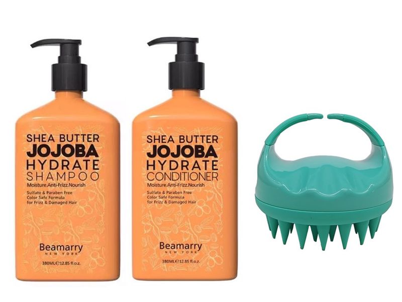 BEAMARRY Shea Butter Jojoba Hydrate Set 380ml + Scalp Massage Brush - Green