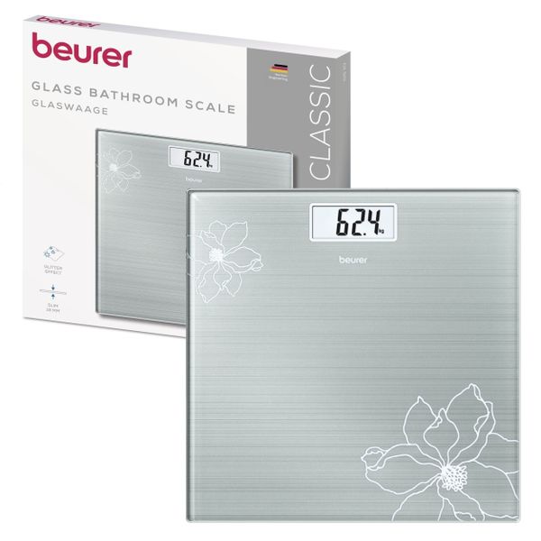 Beurer Bathroom Scale GS 10 Silver-Grey Glass &amp; Flower Motif, Compact 180kg