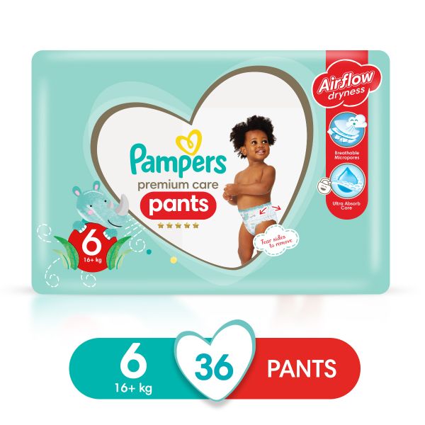 Pampers Premium Care Pants Size 6 (+16 kg) 36 Nappies, Airflow Skin Comfort