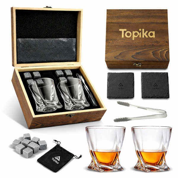 Topika Whiskey Stones And Glass Gift Set With Sculpted Crystal Tumblers