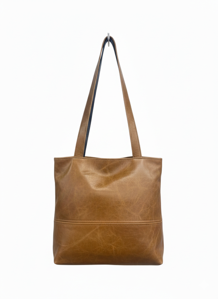 Tan Leather Square Tote Bag 26 x 26 cm - Genuine Leather Everyday Handbag