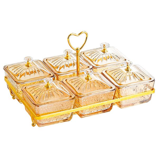 6 Slots Glass Fruit &amp; Snack Tray Serving Bowls Set with Gold Heart Handle