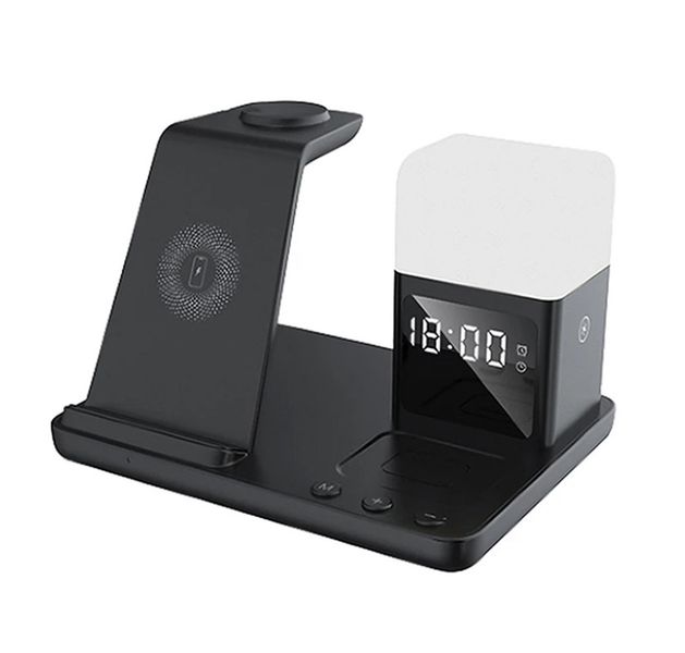 6-in-1 Wireless Charging Station with Lamp &amp; Clock - Black