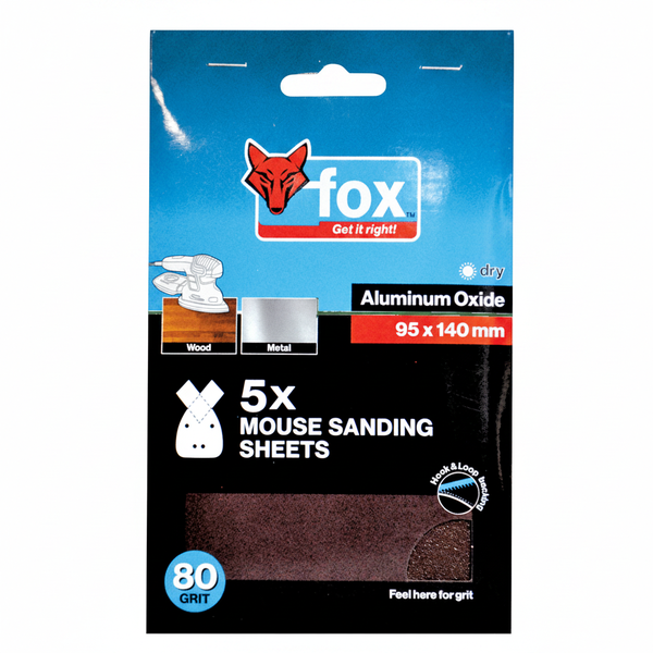Fox - Mouse Sanding Sheets - 95mm x 140mm - P80 Grit - 5 Pieces
