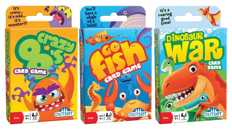 Outset Games Crazy 8's, Go Fish, Dinosaur War Card Game Bundle