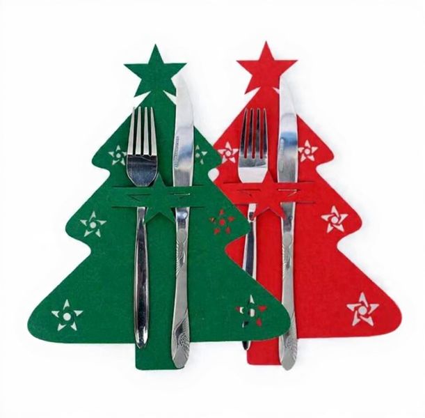 Christmas Tree Cutlery Holders- Festive Table Decoration Set (Red &amp; Green)