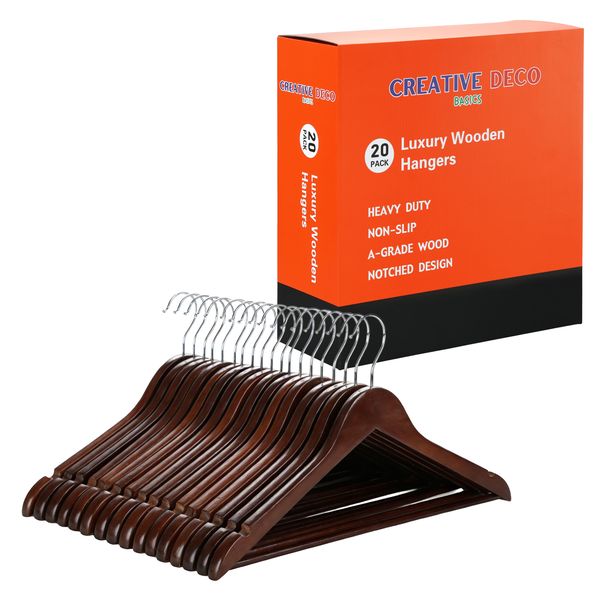 CREATIVE DECO Basics Luxury Wooden Hangers - 20 PACK Premium Tuscan Brown