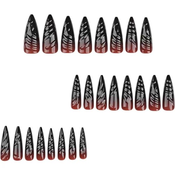Ombre Red to Black Press on Nails Almond, Long Almond Glossy on Nails
