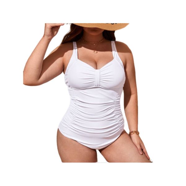 Elegant Plus-Size Women's One-Piece Swimsuit - White Pleated Deep V-Neck