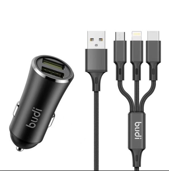 budi Car Charger &amp; 3-in-1 Cable - Lightning/Type-C/Micro