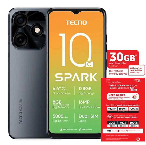 TECNO Spark 10C 128GB Dual Sim - Meta Black + Vodacom SIM Card Pack