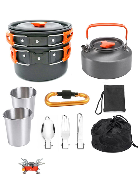 Aluminum Camping Cookware 10 Piece Set &amp; Portable Camping Gas Stove