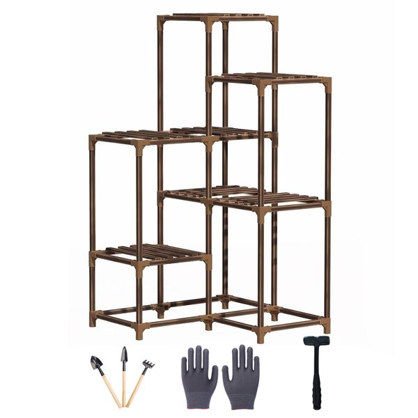 Wood Multi Tier Plant Stand Corner Indoor Flower Rack with 5 Gardening Tool