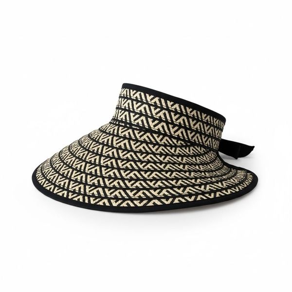 African Wide Brim Sun Visor Hat with Tie Back Black &amp; Natural Straw Style