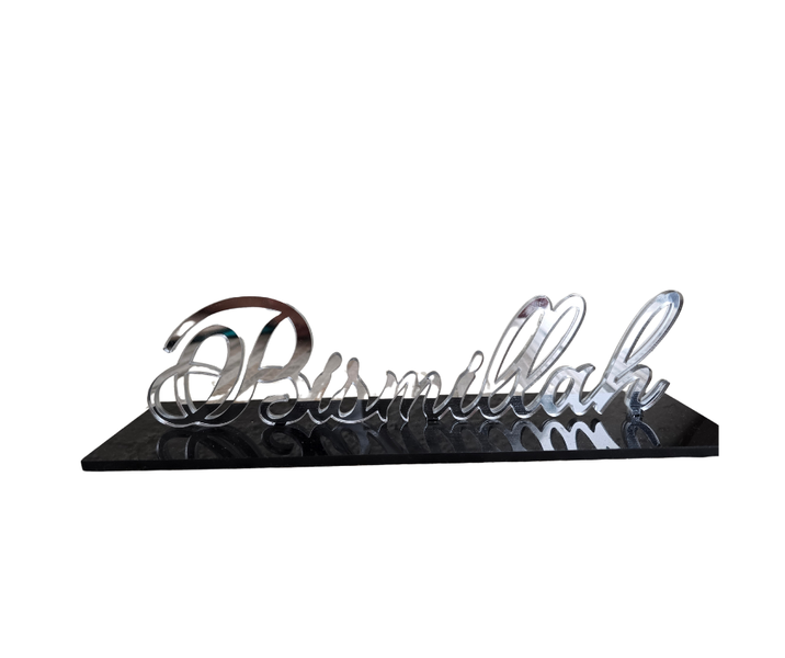 Bismillah Acrylic Sign and Stand Tabletop Decor Islamic Gift - Black and Silver