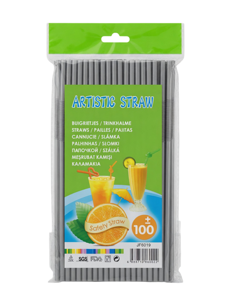 Pack of 100 Flexible Metallic Silver Artistic Drinking Straws