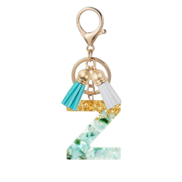 Initial "Z" Glitter Resin Keychain With White & Teal Tassels - Aqua & Gold