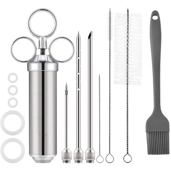 Meat Seasoning Injector Set with 3 Needles, 4 Brushes &amp; 5 Silicone O-rings
