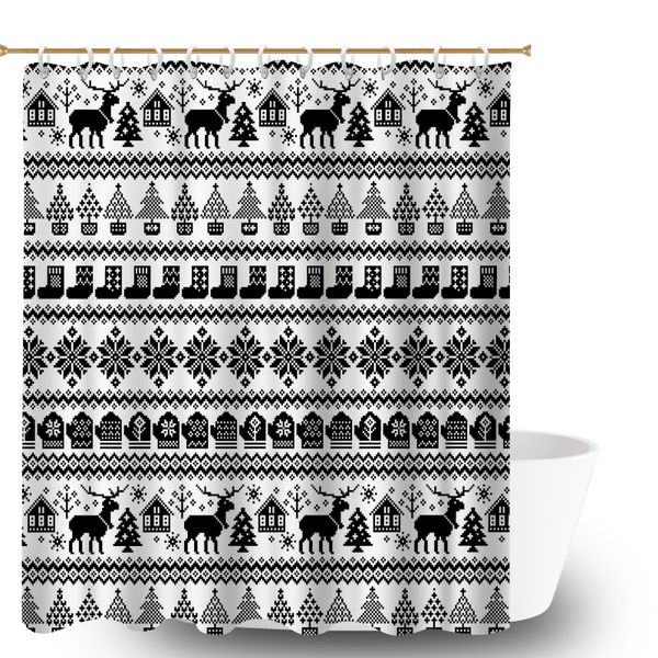 Fair Isle Pattern Shower Curtain with Grommets, 180x180cm Bath Curtain