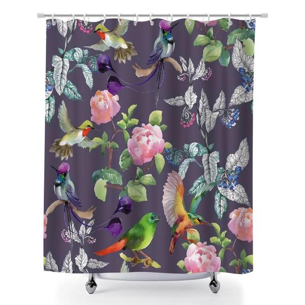 Floral Bird Print Shower Curtain with 12 Hooks, 180x180cm Bathroom Curtain.